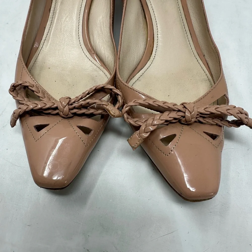 Prada Rose Patent Leather Braided Bow Kitten Heels Size 37 - Picture 3 of 13